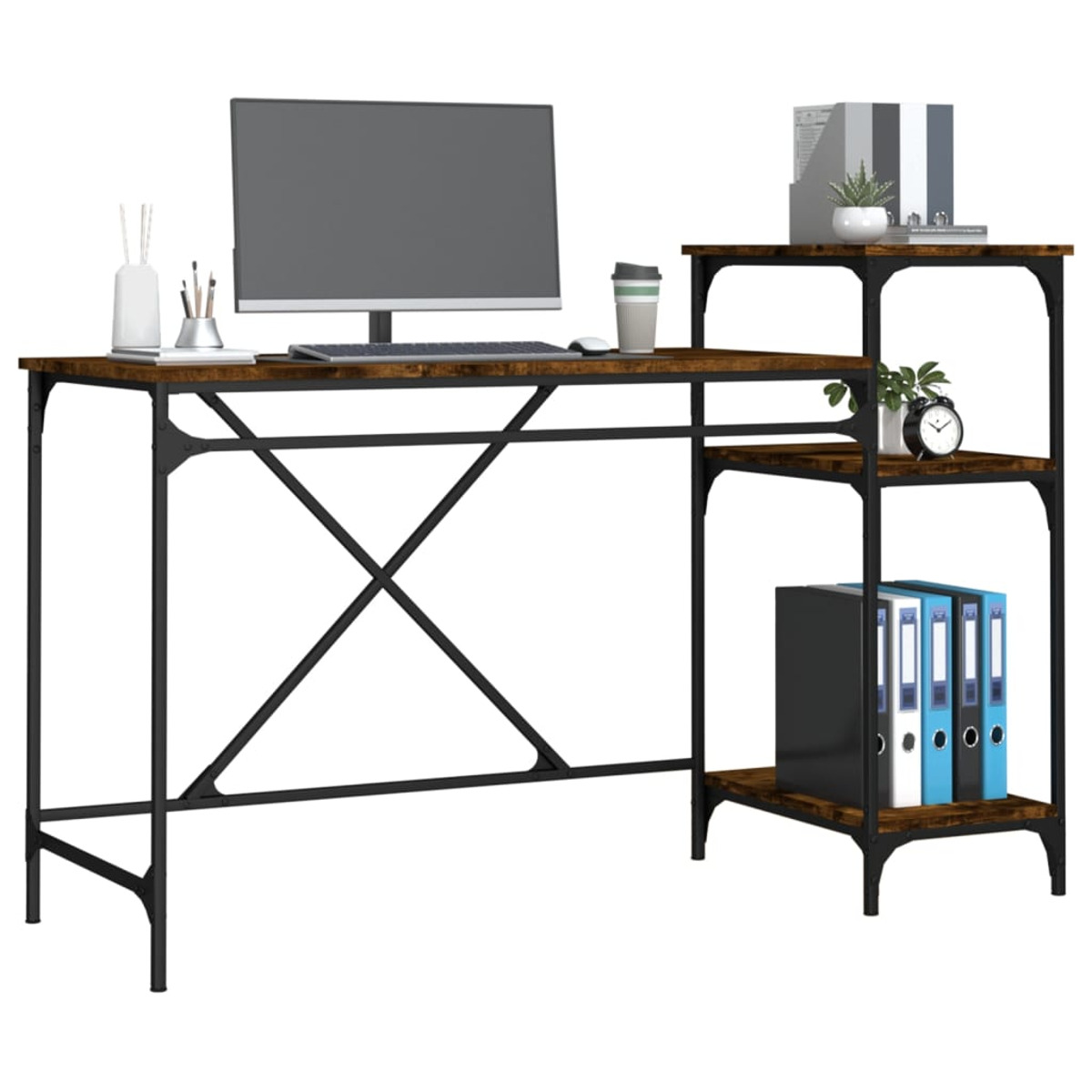 Holzschreibtisch mit schwarzem Metallrahmen. Enthält einen Monitor, Regale und einen Aktenschrank.