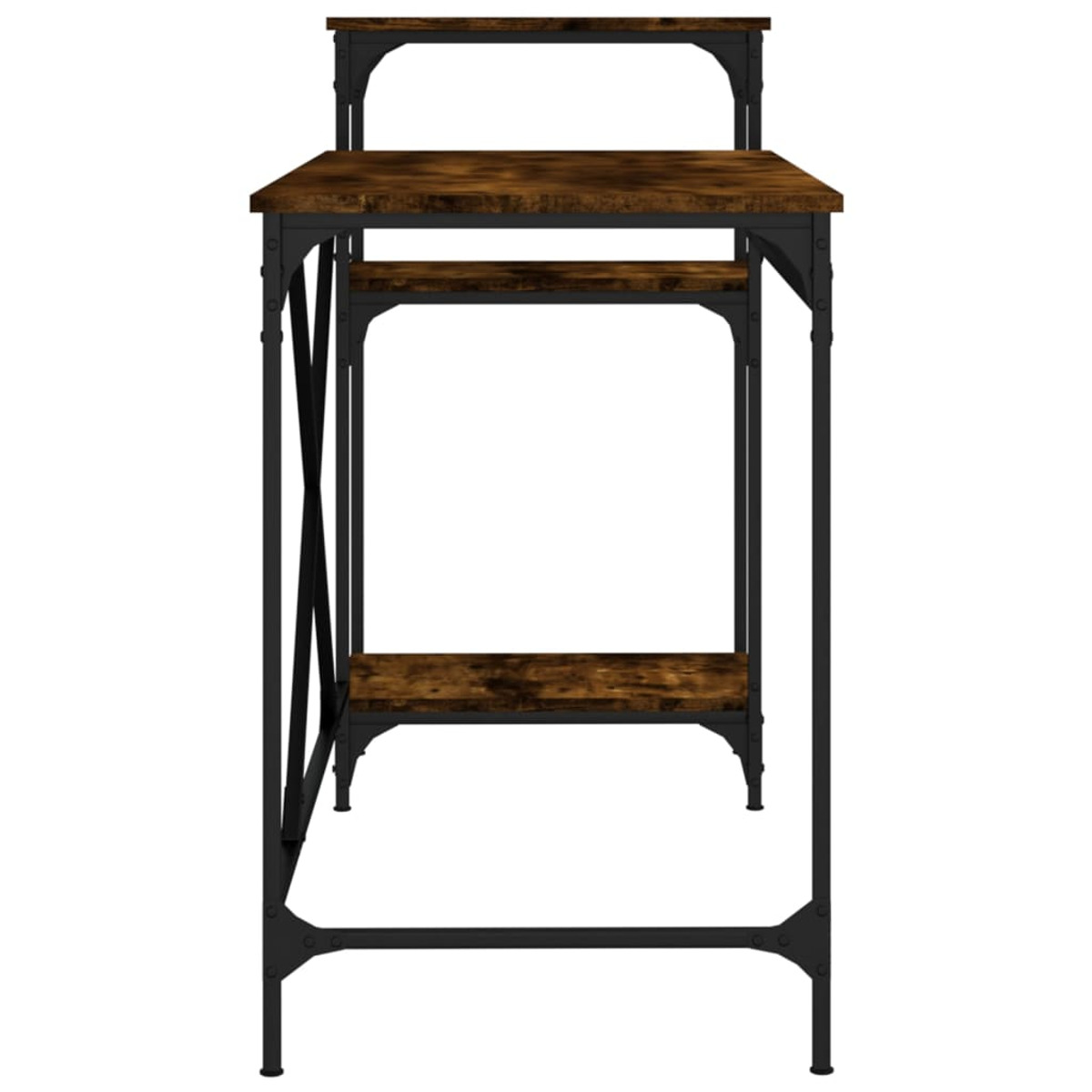 Ein brauner Schreibtisch mit einem schwarzen Metallrahmen. Er hat drei Ebenen und ein einfaches Design.