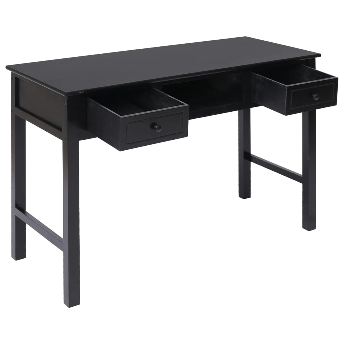 Schwarzer Schreibtisch mit zwei offenen Schubladen. Der Schreibtisch hat ein minimalistisches Design.