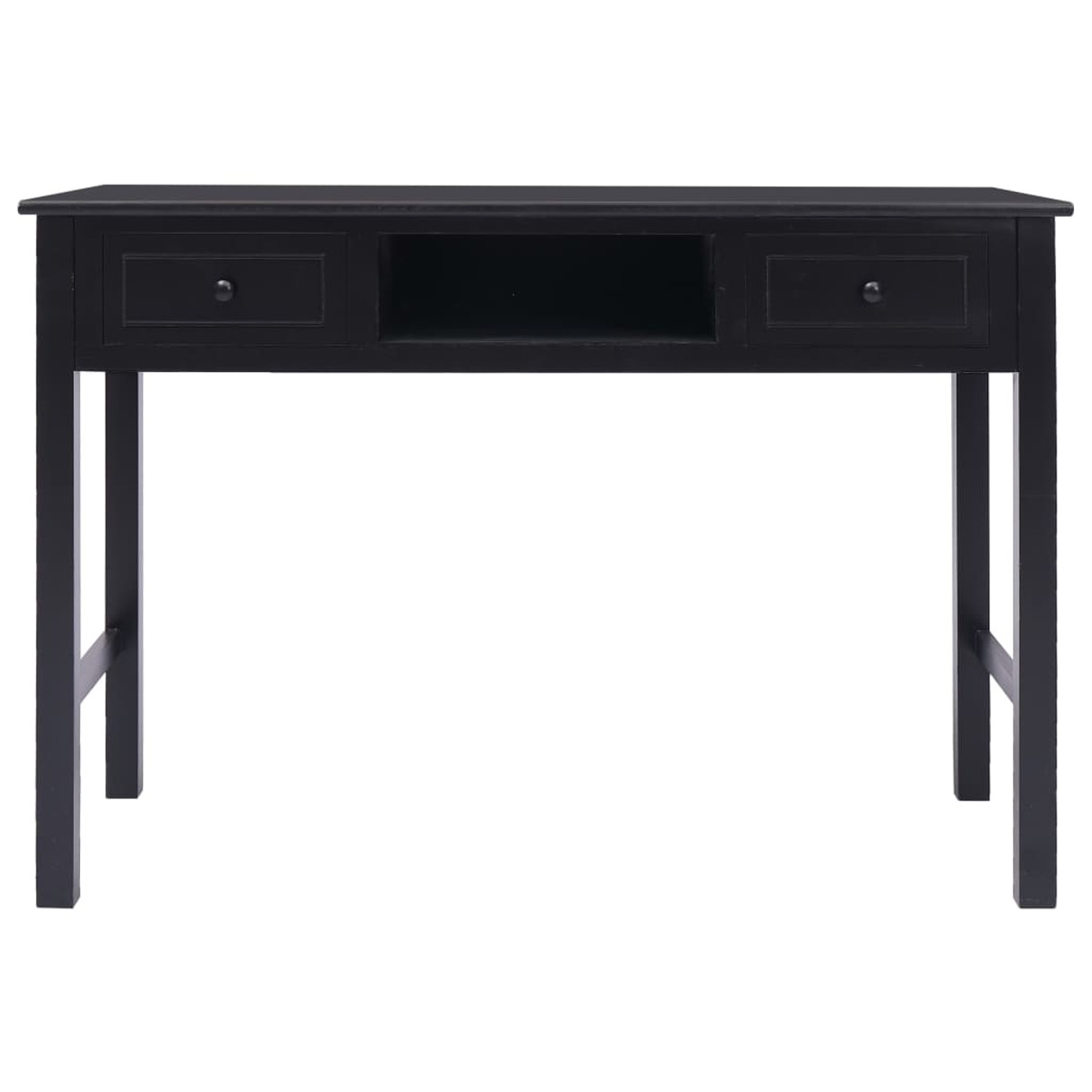 Ein schwarzer Schreibtisch mit zwei Schubladen und einem zentralen offenen Bereich. Minimalistisches Design.