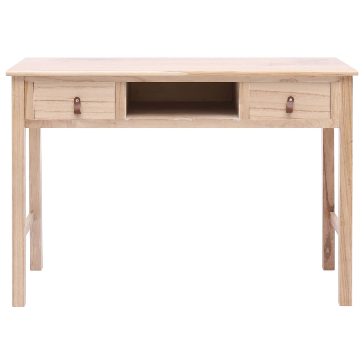 Holzschreibtisch mit zwei Schubladen und einem zentralen offenen Bereich. Braune Ledergriffe sichtbar.