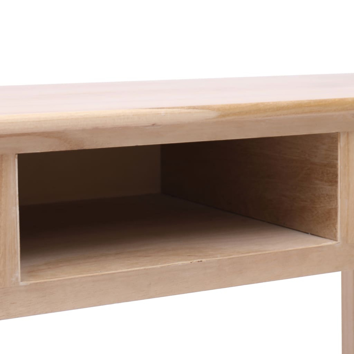 Ein weißer Schreibtisch mit Holzplatte und zwei Regalen links.