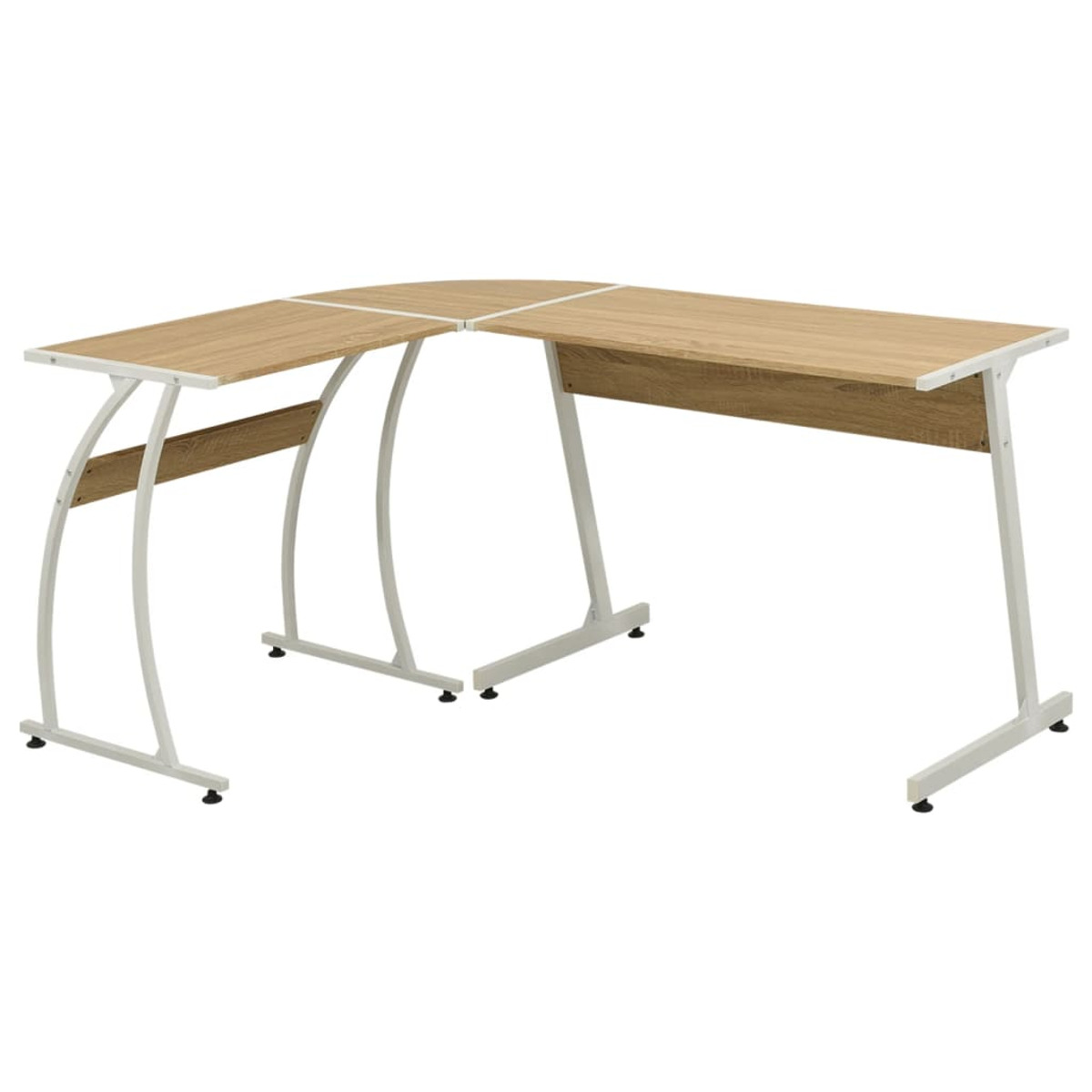 Ein helles, holzfarbenes Eckschreibtisch mit weißen, gebogenen Metallbeinen. Modernes Design.