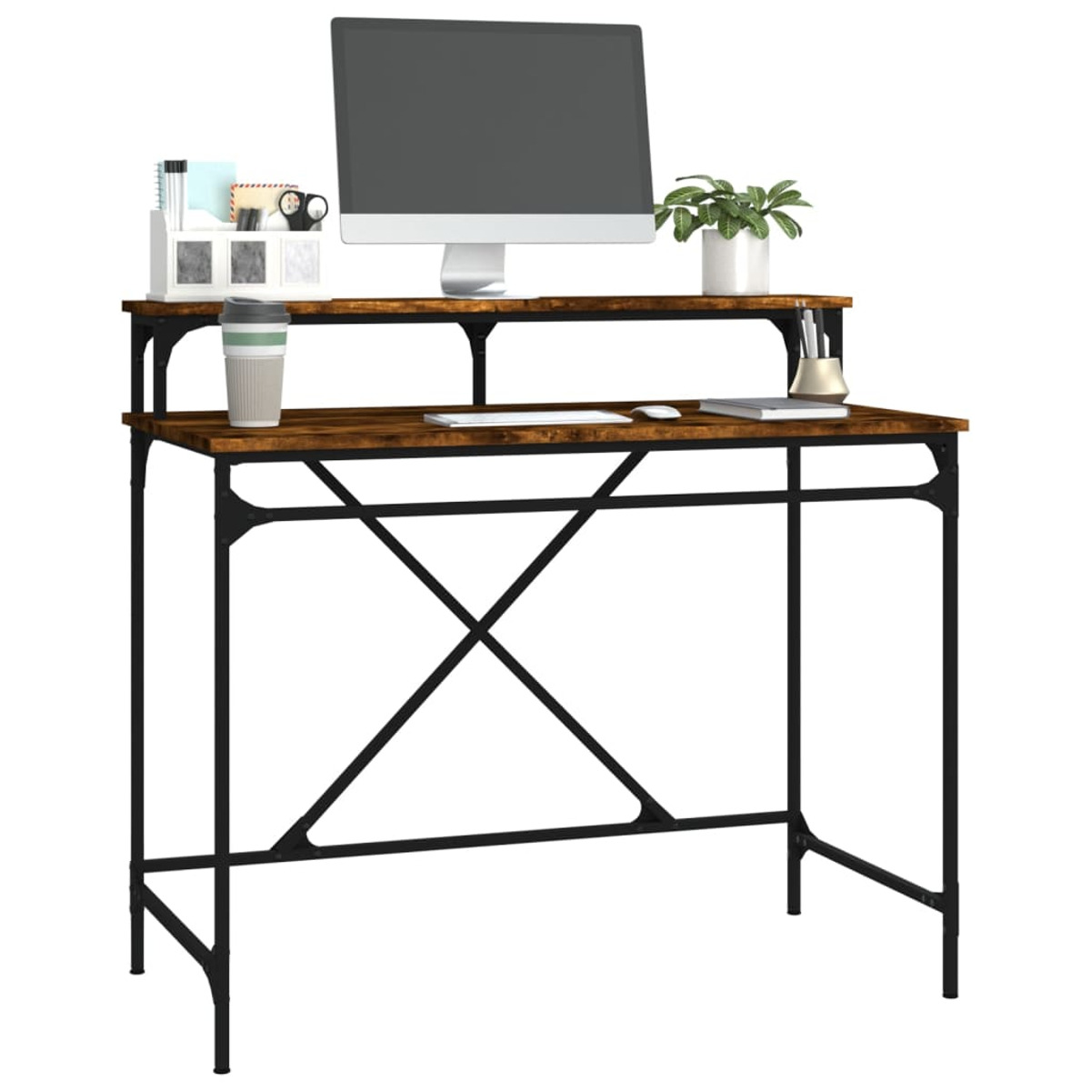 Ein zweistufiger Schreibtisch mit Computer und Zubehör auf weißem Hintergrund.