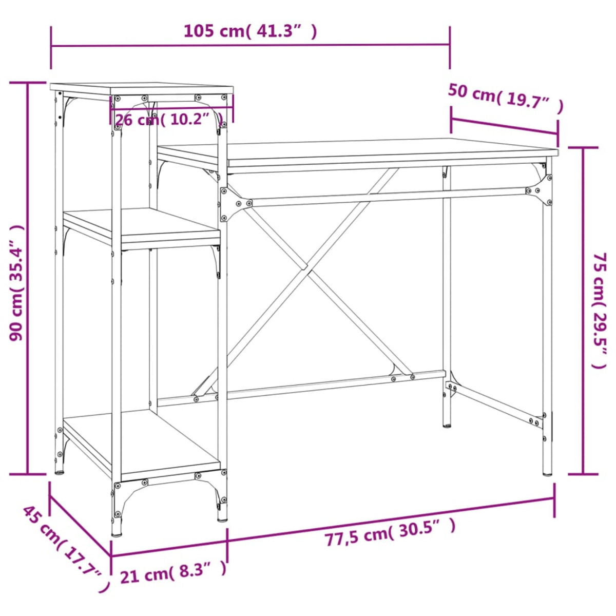 Diagramm eines Schreibtisches mit Abmessungen. Enthält Schreibtisch und Regal mit Maßen in cm.