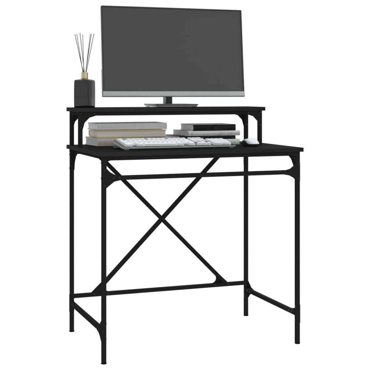 Schwarzer Stehschreibtisch mit Monitor, Tastatur und Zubehör. Er hat ein schwarzes Gestell.