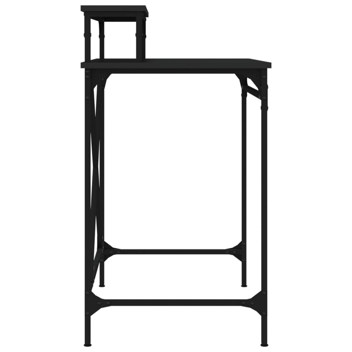 Schwarzer Metallschreibtisch mit Regalen. Hohes Schreibtischdesign mit minimalistischer Struktur.