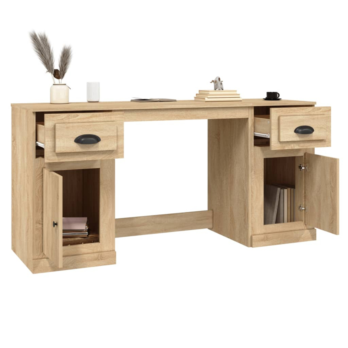 Holzschreibtisch mit offenen Schubladen, Büchern und Dekorationen.