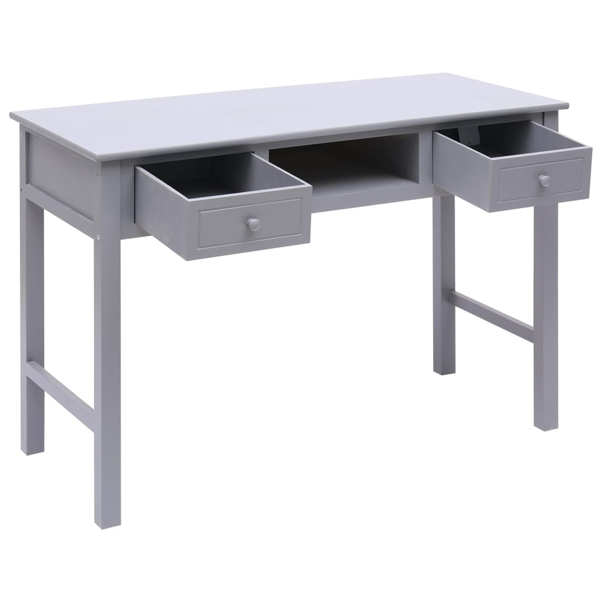 Grauer Schreibtisch mit zwei geöffneten Schubladen. Ein mittleres Regal befindet sich zwischen den Schubladen. Weißer Hintergrund.