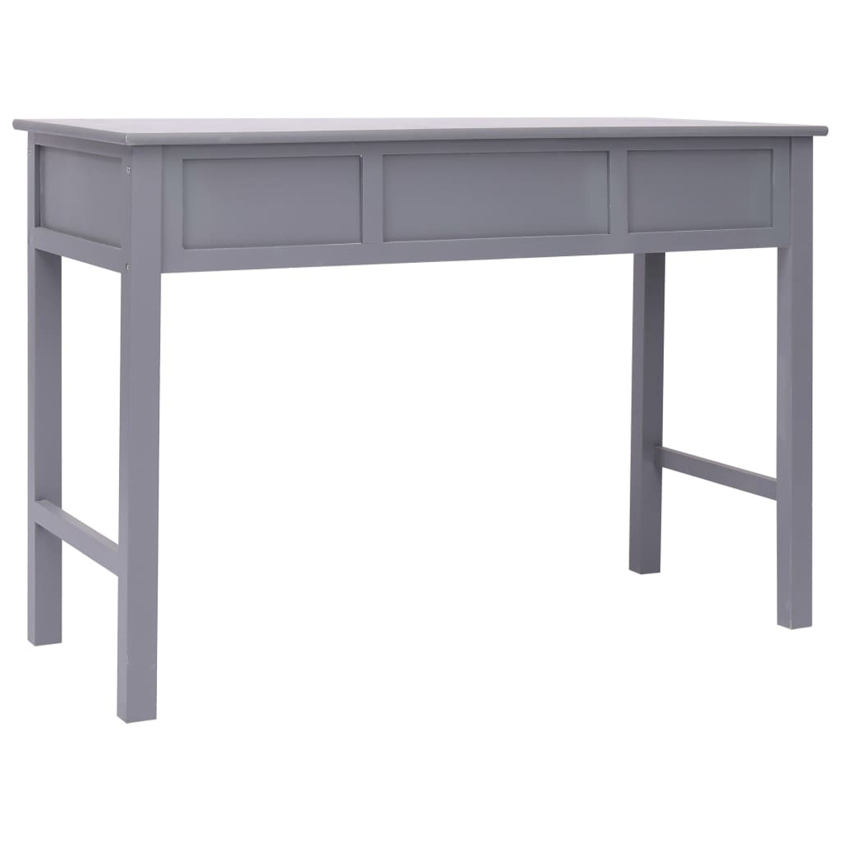 Grauer Schreibtisch mit drei Schubladen, schlichtes Design.