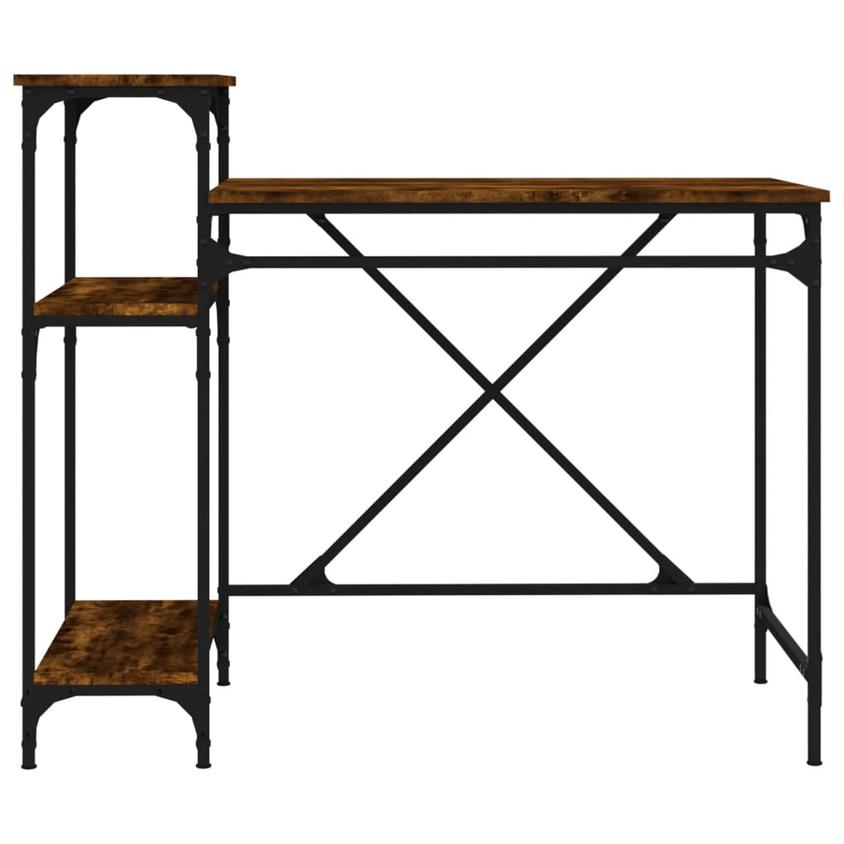 Ein Holzschreibtisch mit schwarzem Metallrahmen. Ein Regal befindet sich links.