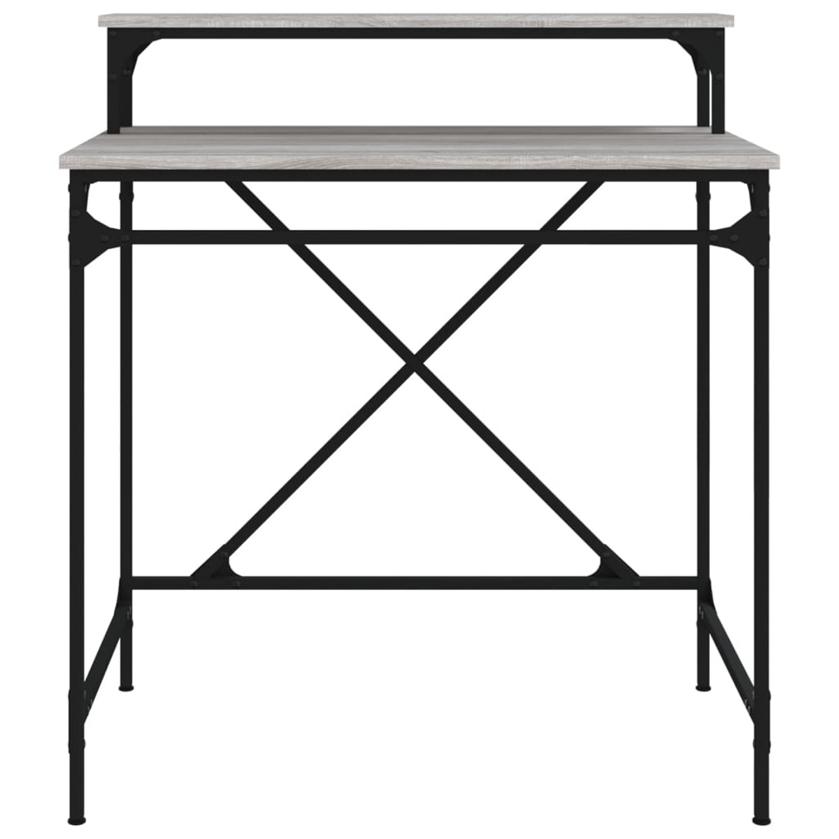 Ein Computertisch mit einem oberen Regal und einem schwarzen Metallrahmen. Weißer Hintergrund.
