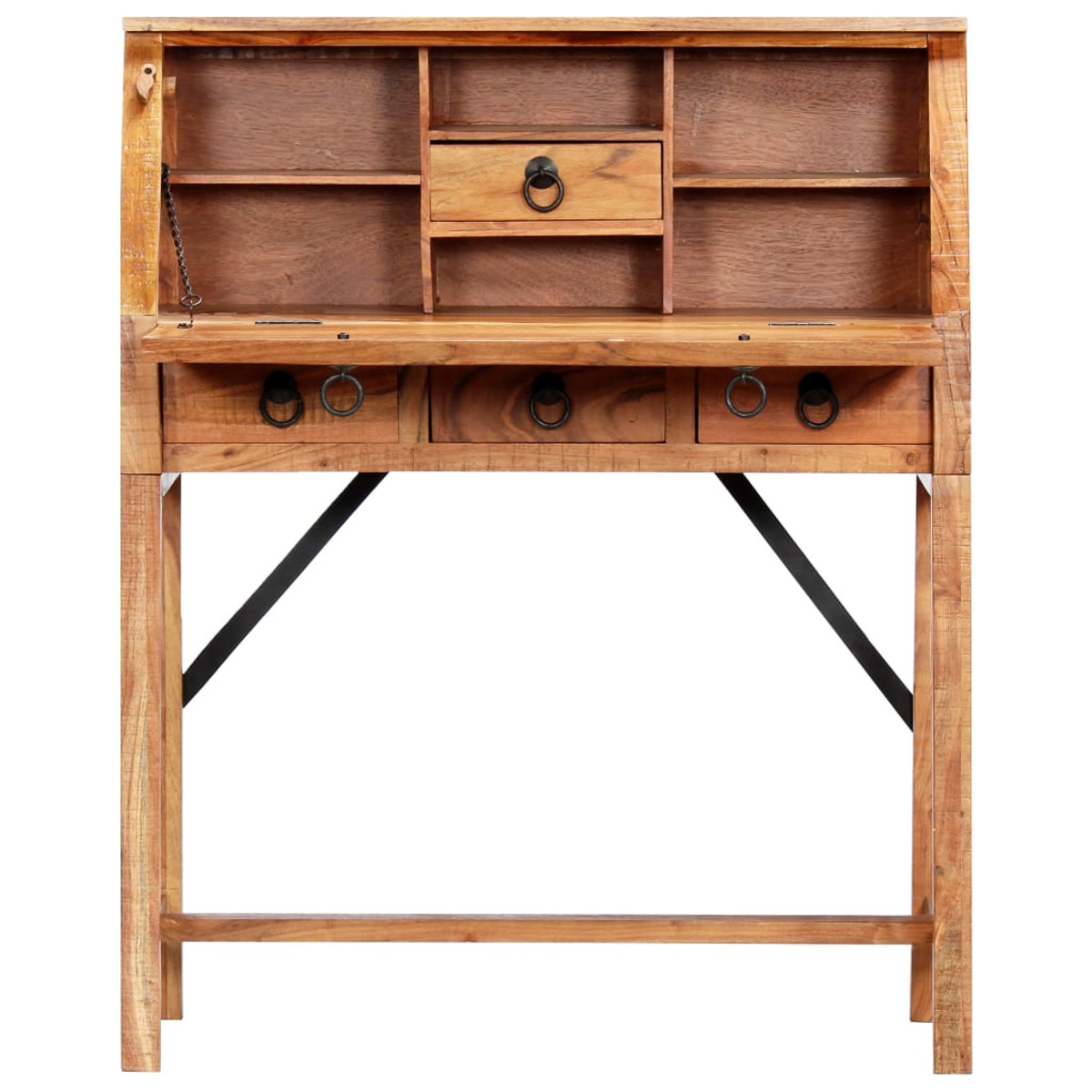 Holzschrank mit Regalen, Schubladen und Tür, mit schwarzem Metallgestell.