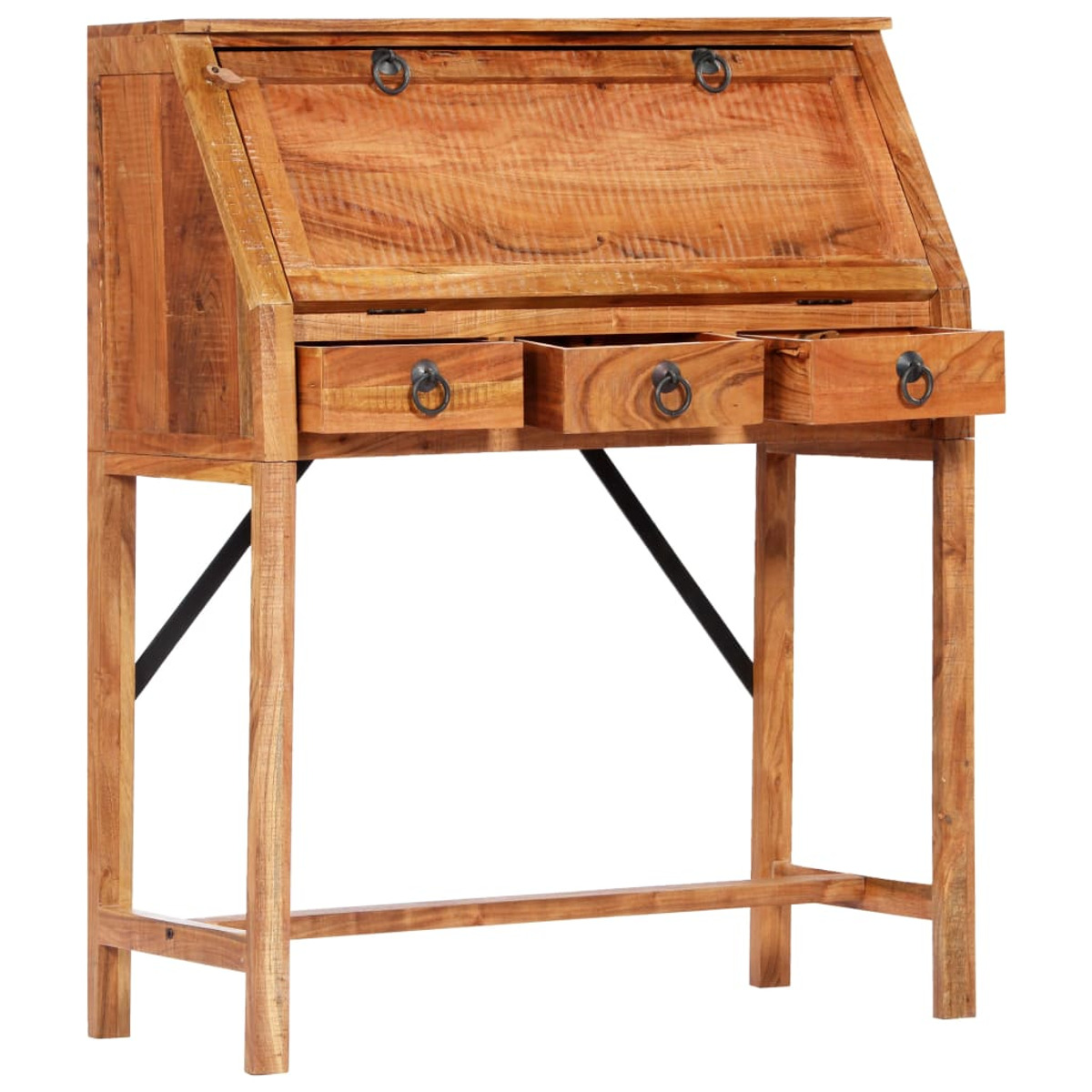 Holzschreibtisch mit drei Schubladen und schräger Oberseite. Der Schreibtisch ist aus hellbraunem Holz.