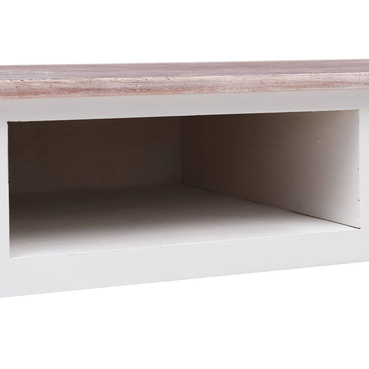 Weißer Schreibtisch mit Ausschnitt. Ober- und Unterseite sichtbar.