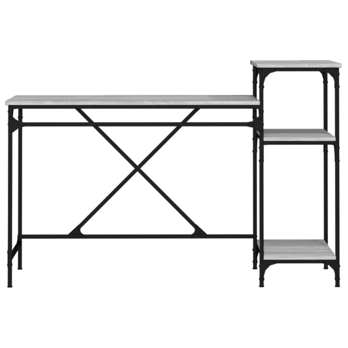 Schreibtisch mit schwarzem Metallrahmen und heller Holzoberfläche, mit Seitenregal.