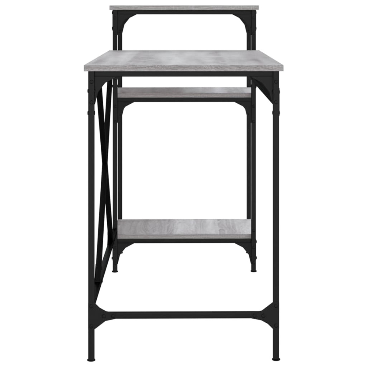 Hoher Metallschreibtisch mit grauem Holz-Look-Regal und schwarzem Metallrahmen.