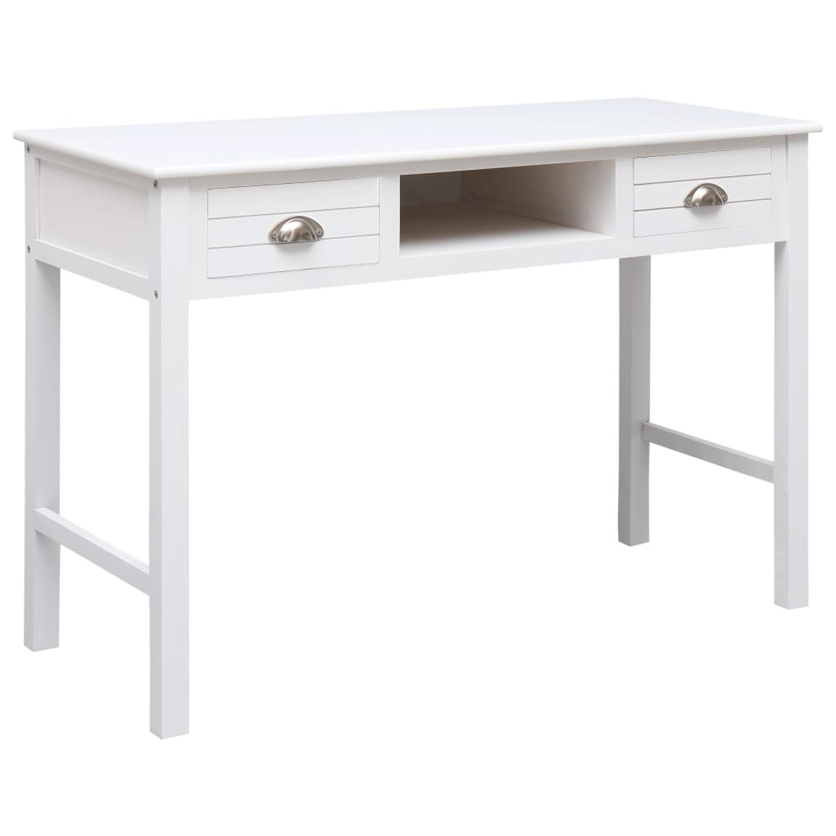 Weißer Schreibtisch mit zwei Schubladen und einem Regal. Silberne Griffe. Weißer Hintergrund.