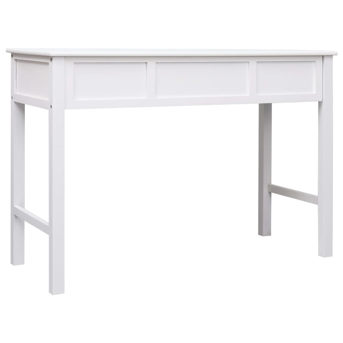 Weißer Schreibtisch mit drei Schubladen. Einfaches Design mit vier Beinen. Hintergrund weiße Wand.