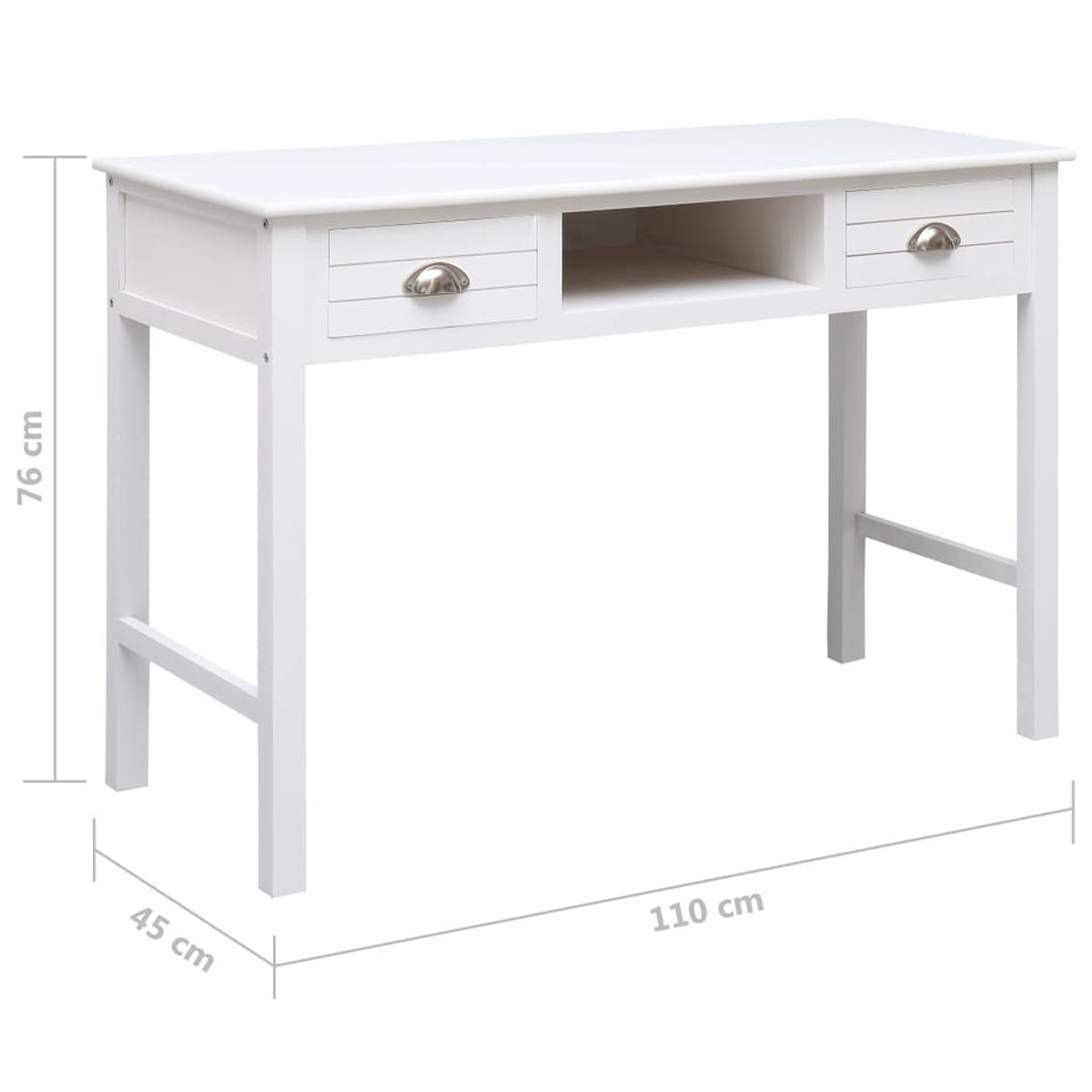 Ein weißer Schreibtisch mit Schubladen, Abmessungen zeigend, in sauberem, minimalistischem Design.