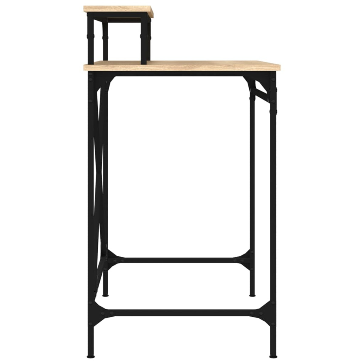 Ein hoher Schreibtisch mit heller Holzplatte und schwarzem Metallrahmen, mit Regal oben.