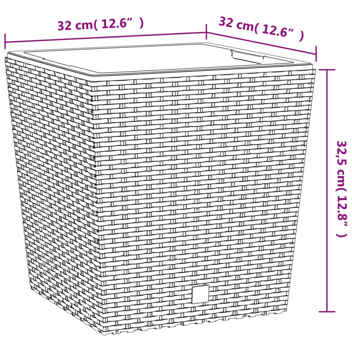 Gewebter quadratischer Pflanzkübel mit beschrifteten Abmessungen. Es ist ein geometrisches Design und hat eine neutrale Farbe.