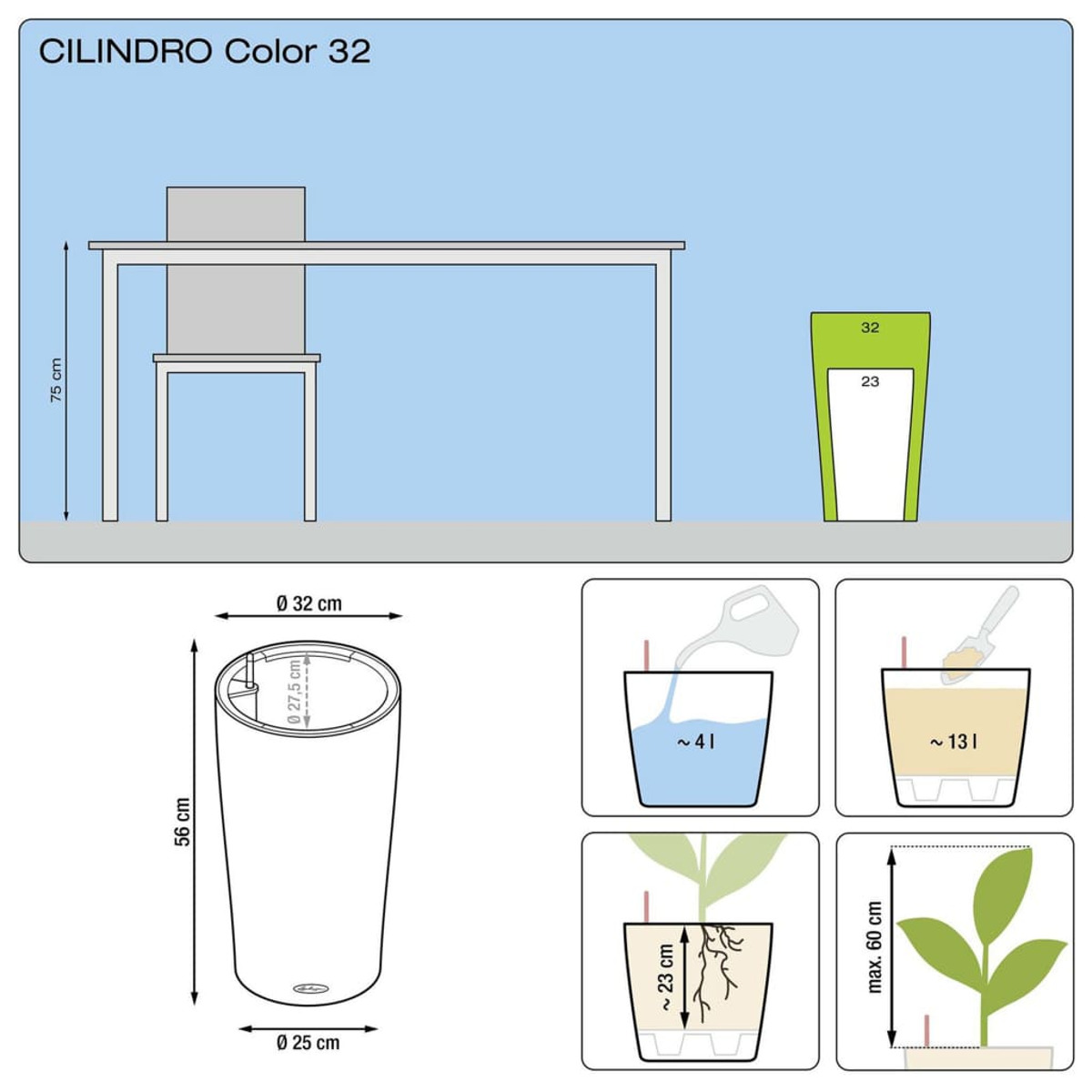 Diagramma di una fioriera cilindrica con dimensioni e icone per la cura dell'acqua e delle piante.