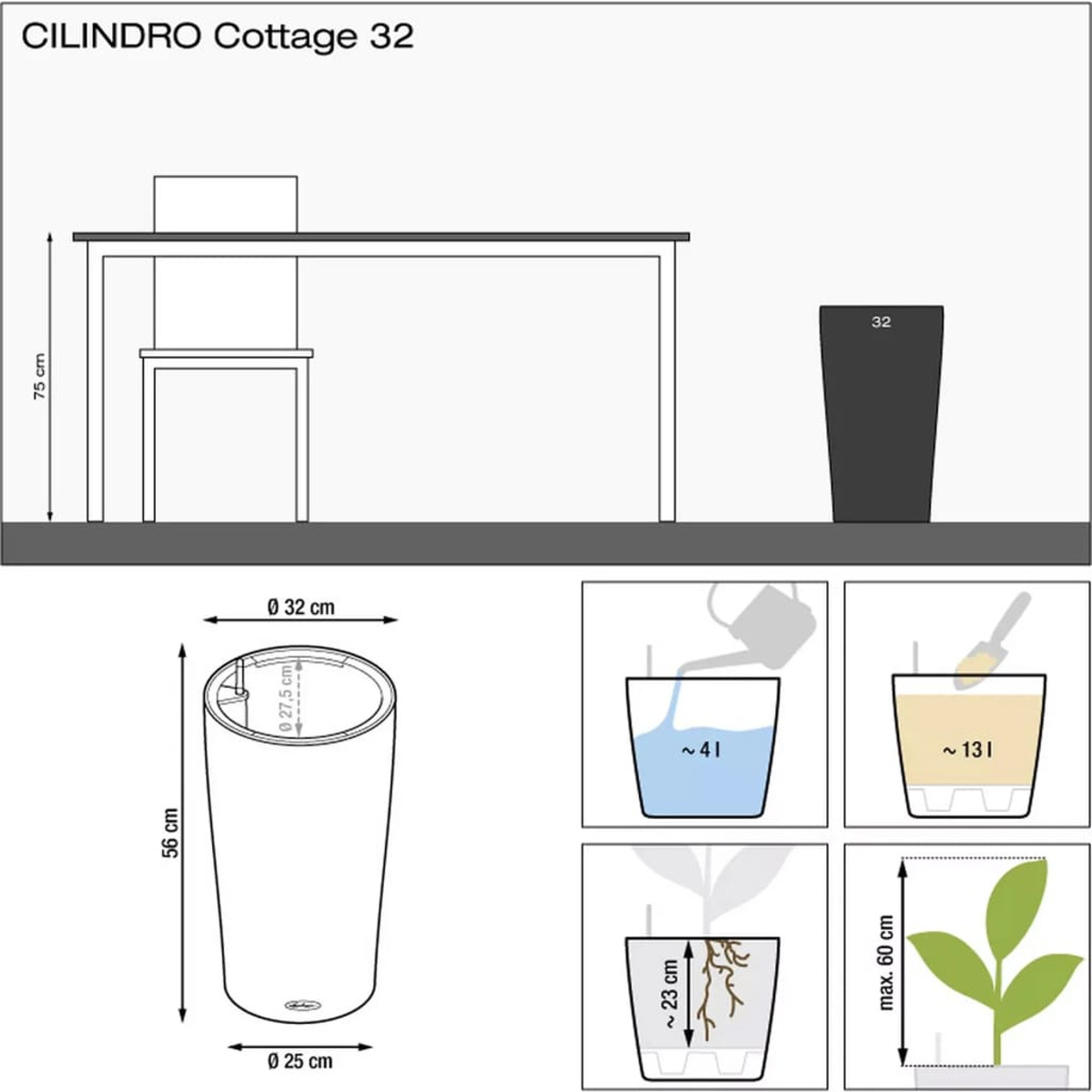 Diagramma di una pianta in vaso, un vaso alto e illustrazioni del livello dell'acqua.
