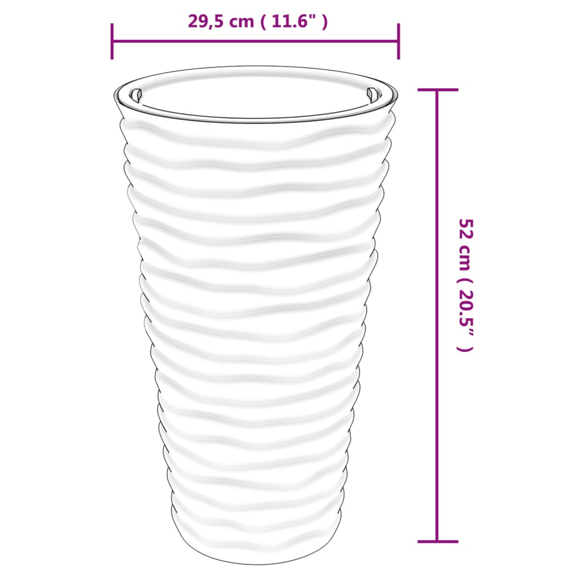Hohe weiße Vase mit wellenförmigem Design. Abmessungen: 29,5 cm x 52 cm. Weißer Hintergrund.