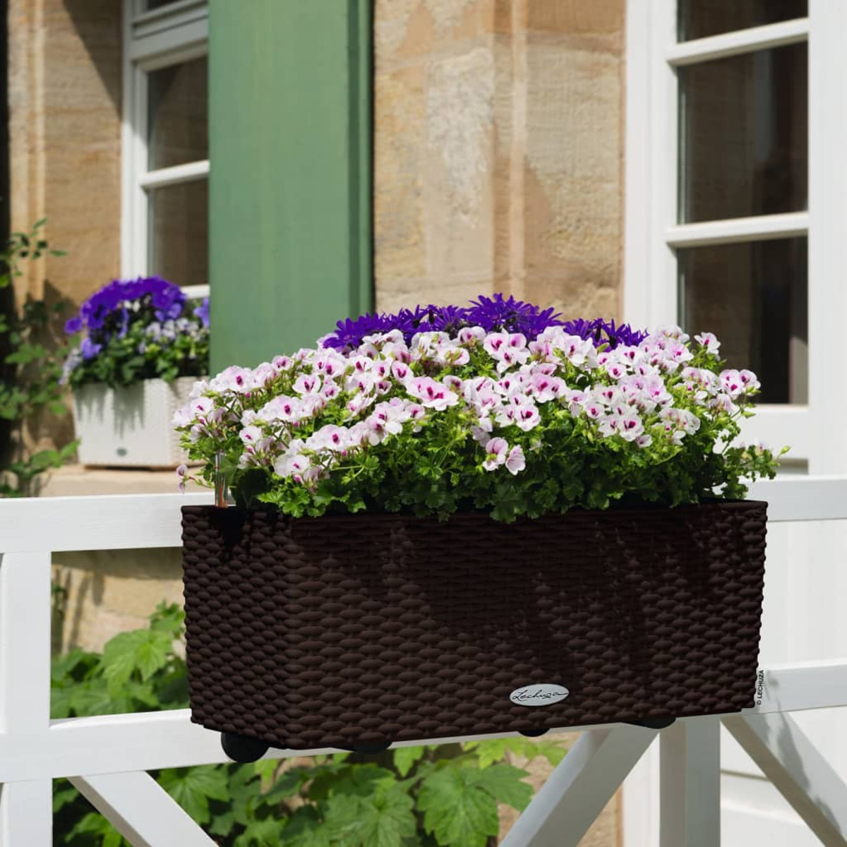 Blumen in einem braunen Korb auf einem weißen Geländer, Steinmauer im Hintergrund.