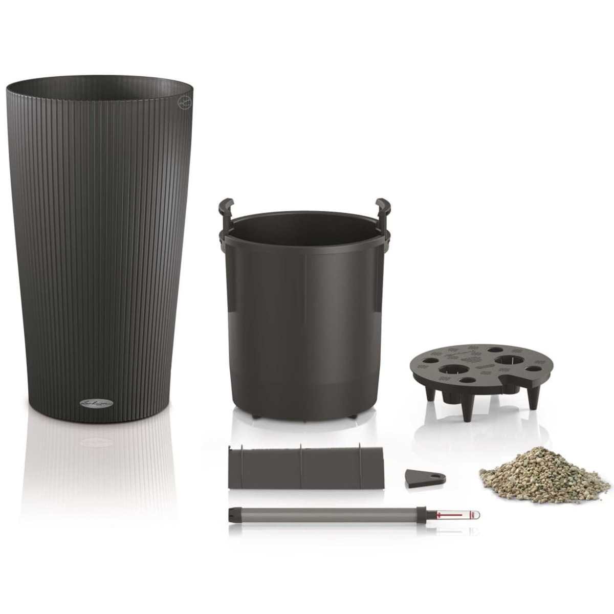Parties du pot : pot gris foncé, pot interne, indicateur de niveau d'eau et galets.