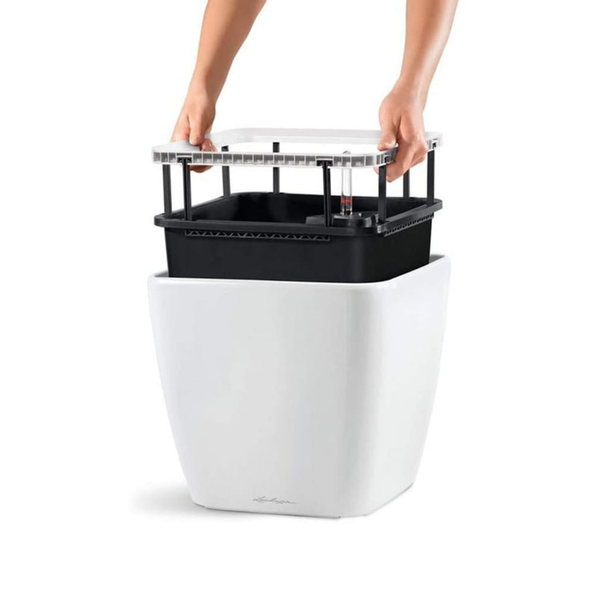 Des mains tiennent un insert noir au-dessus d'un pot blanc.