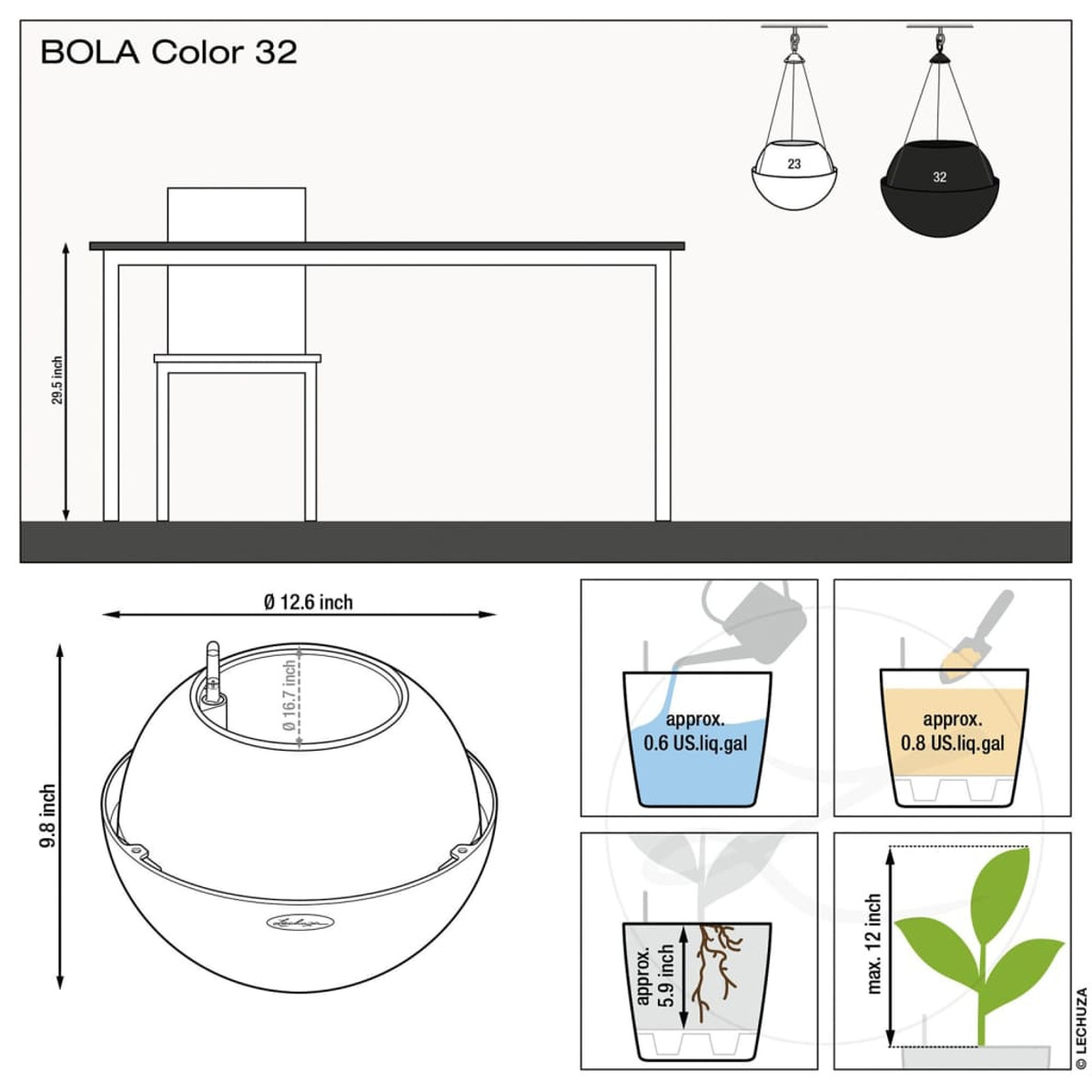 Diagramme d'un pot suspendu, avec dimensions et instructions. Comprend un diagramme de plante.