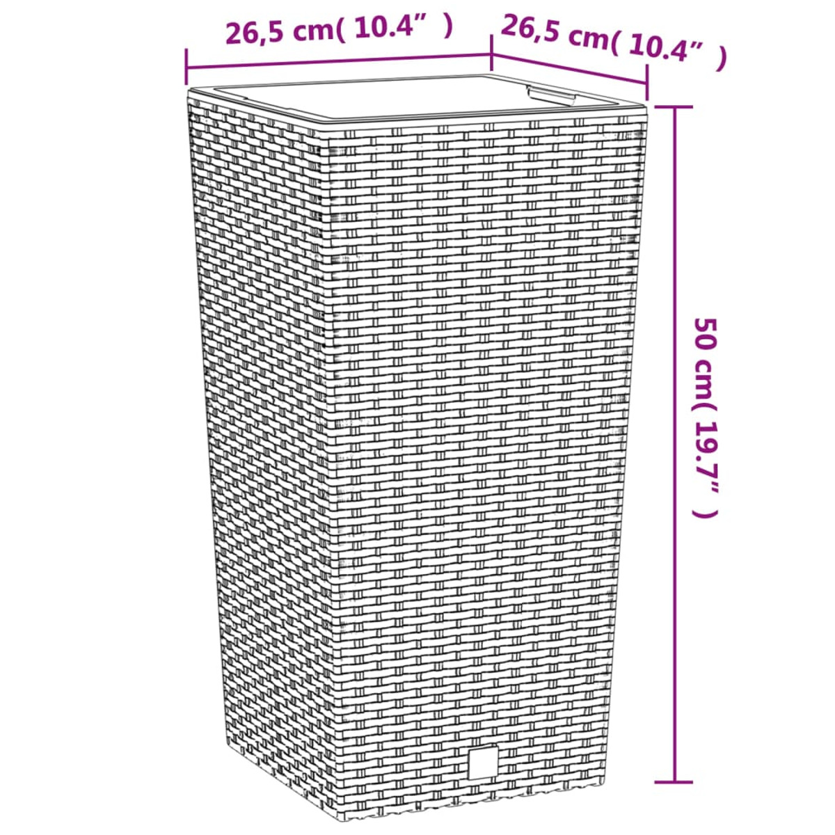 Ein hoher, gewebter Pflanztopf mit den Maßen: 26,5 cm x 26,5 cm, 50 cm hoch.