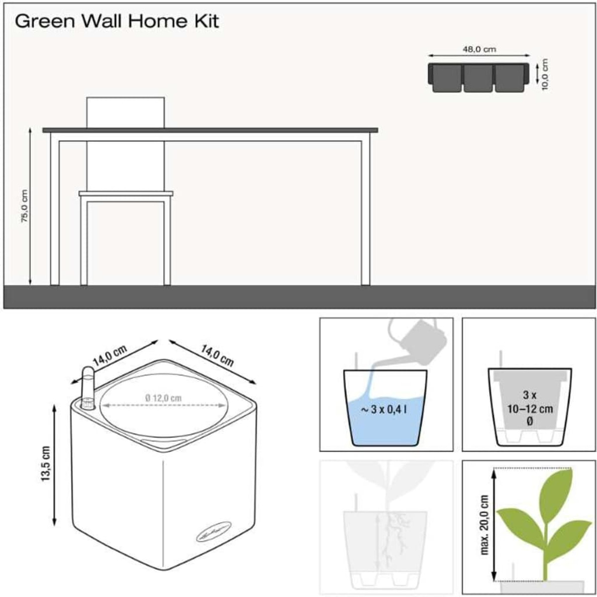 Diagramma di un kit per la casa a parete verde, che mostra dimensioni, un tavolo e vasi.
