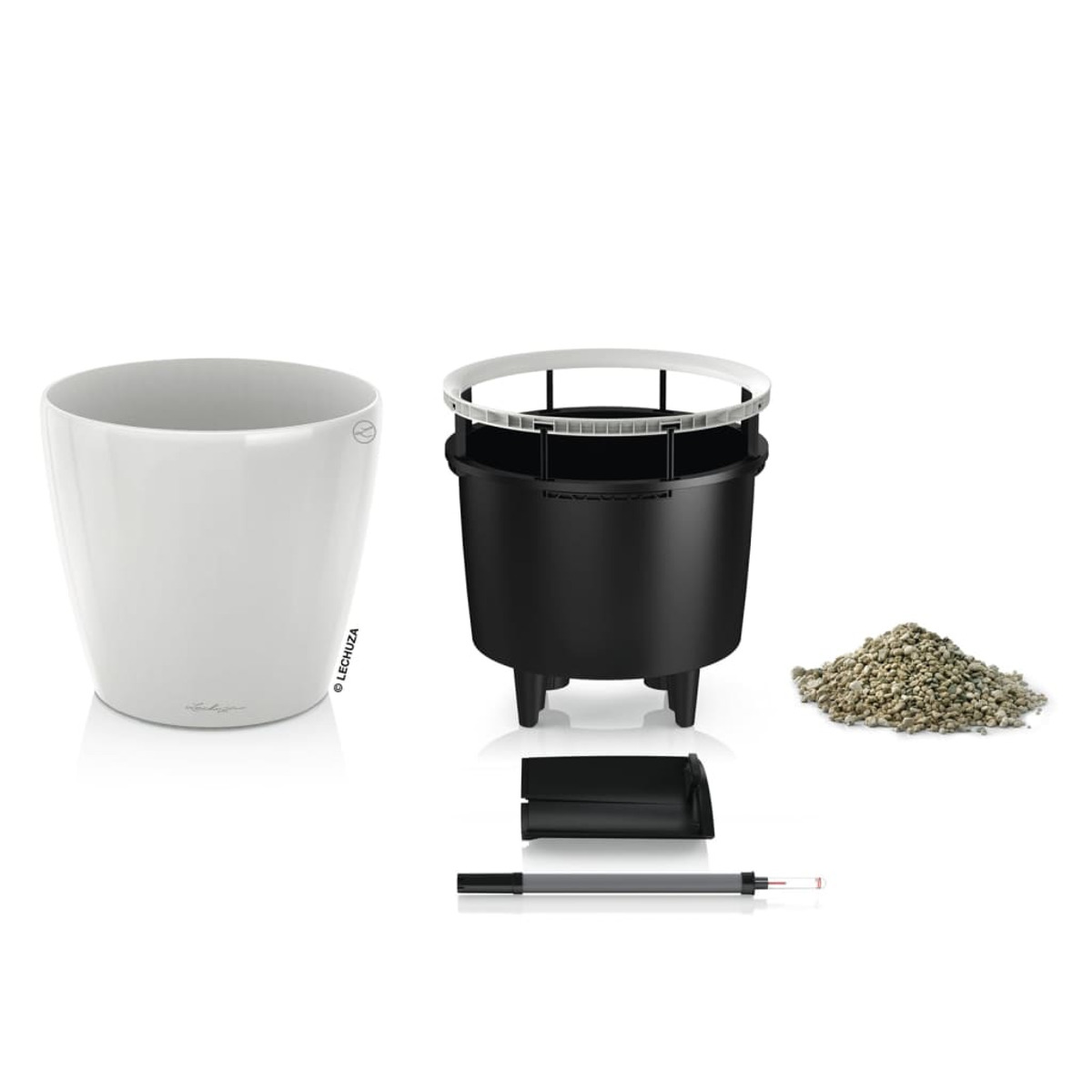 Pièces de jardinière blanche : pot, pot intérieur, réservoir et accessoires.
