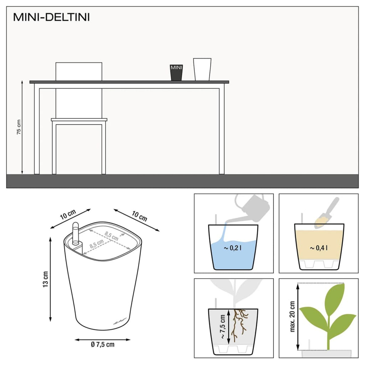 Diagramm eines Pflanzgefäßes mit Abmessungen und einer Pflanze. Illustrationen zeigen Bewässerung und Pflanzenwachstum.