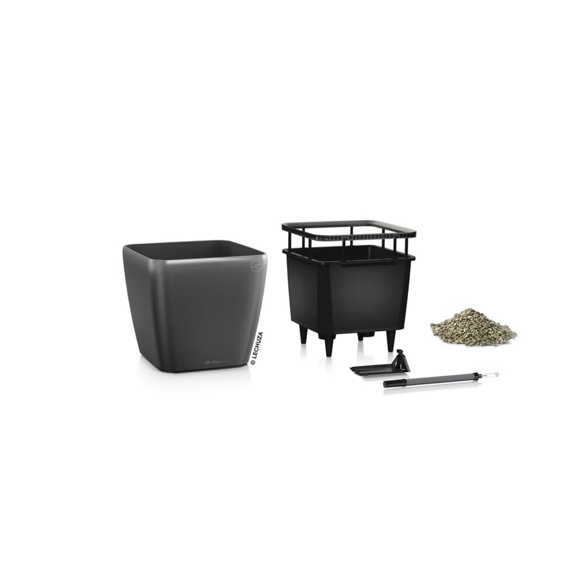 Composants d'un pot carré gris. Comprend pot, insert et accessoires.