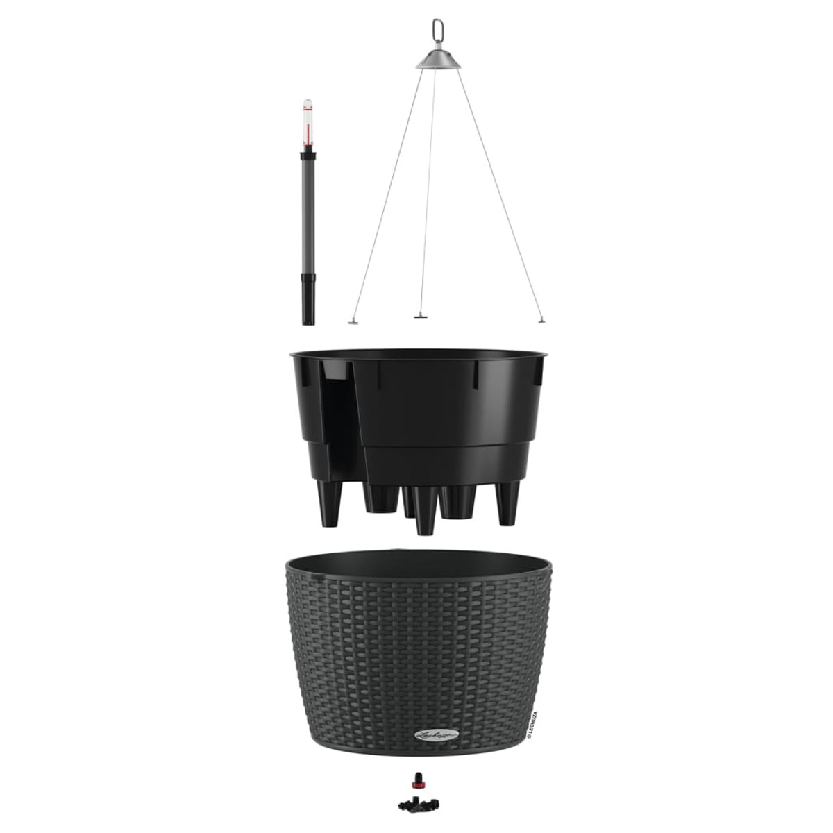 Pièces de pot de fleurs suspendu noir, détachées. Comprend un pot, un cintre et un niveau d'eau.