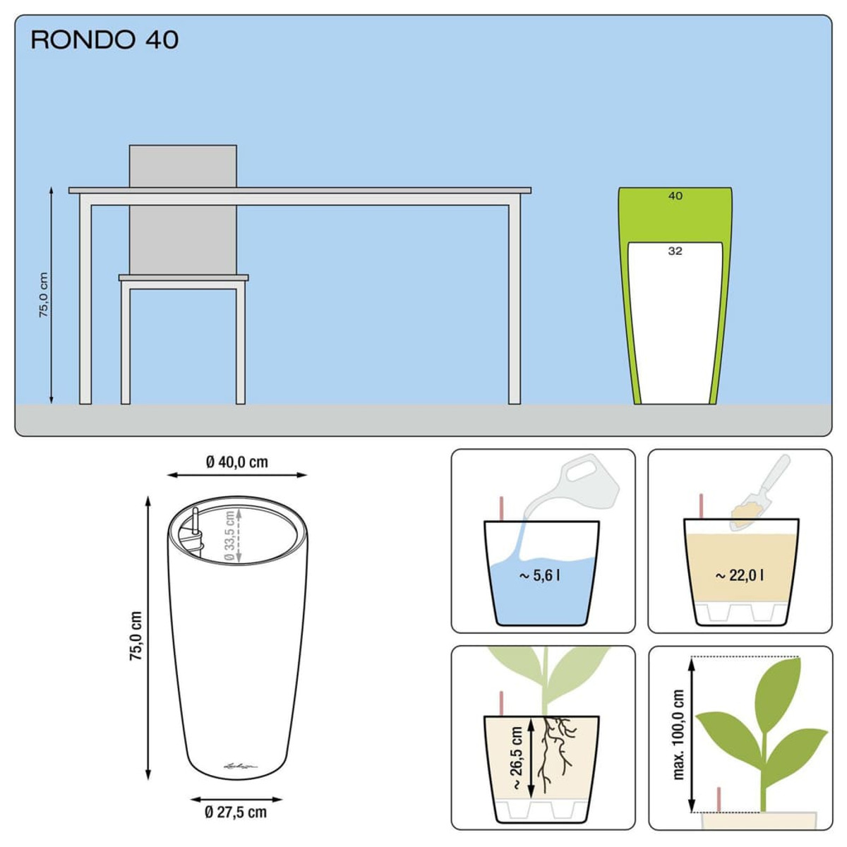 Diagramme d'un pot de plante de grande taille, montrant les dimensions, l'arrosage et les détails de l'entretien des plantes.
