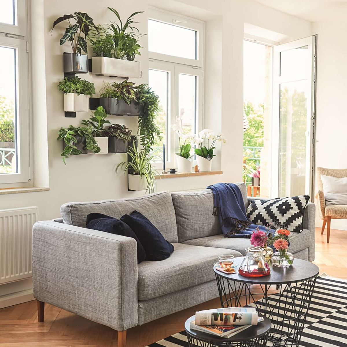 Wohnzimmer mit Pflanzen an der Wand, Sofa, Couchtisch und großem Fenster.