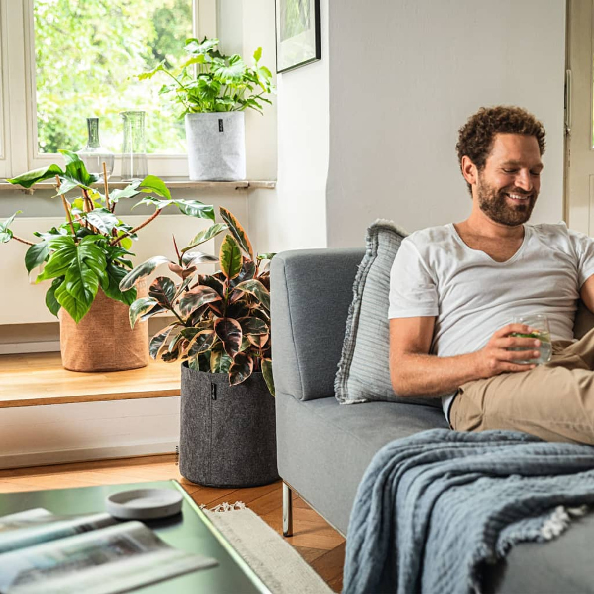 Mann auf Sofa, Pflanzen in Töpfen, Tageslicht. Gemütliche Innenszene.