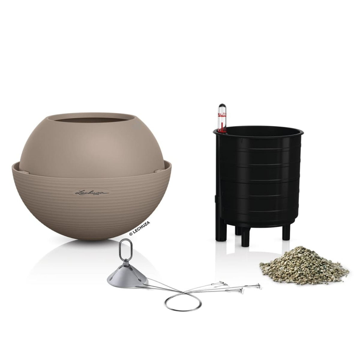 Sistema di vasi con componenti. Include vaso, vaso interno, indicatore d'acqua e ciottoli.