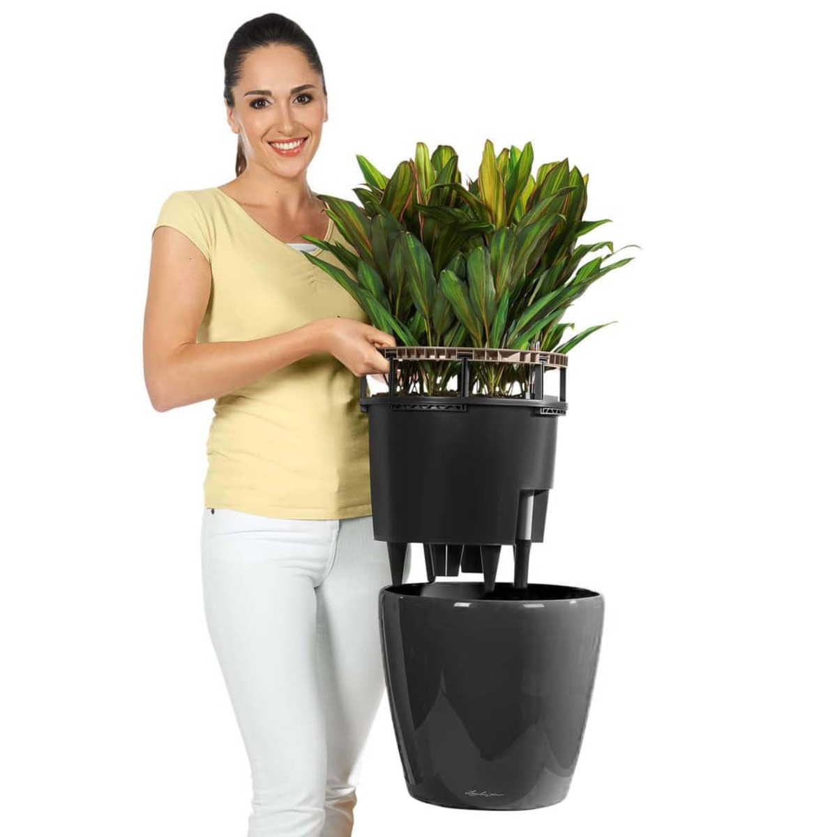 Une femme tenant une plante en pot, présentant la plante et la structure du pot.
