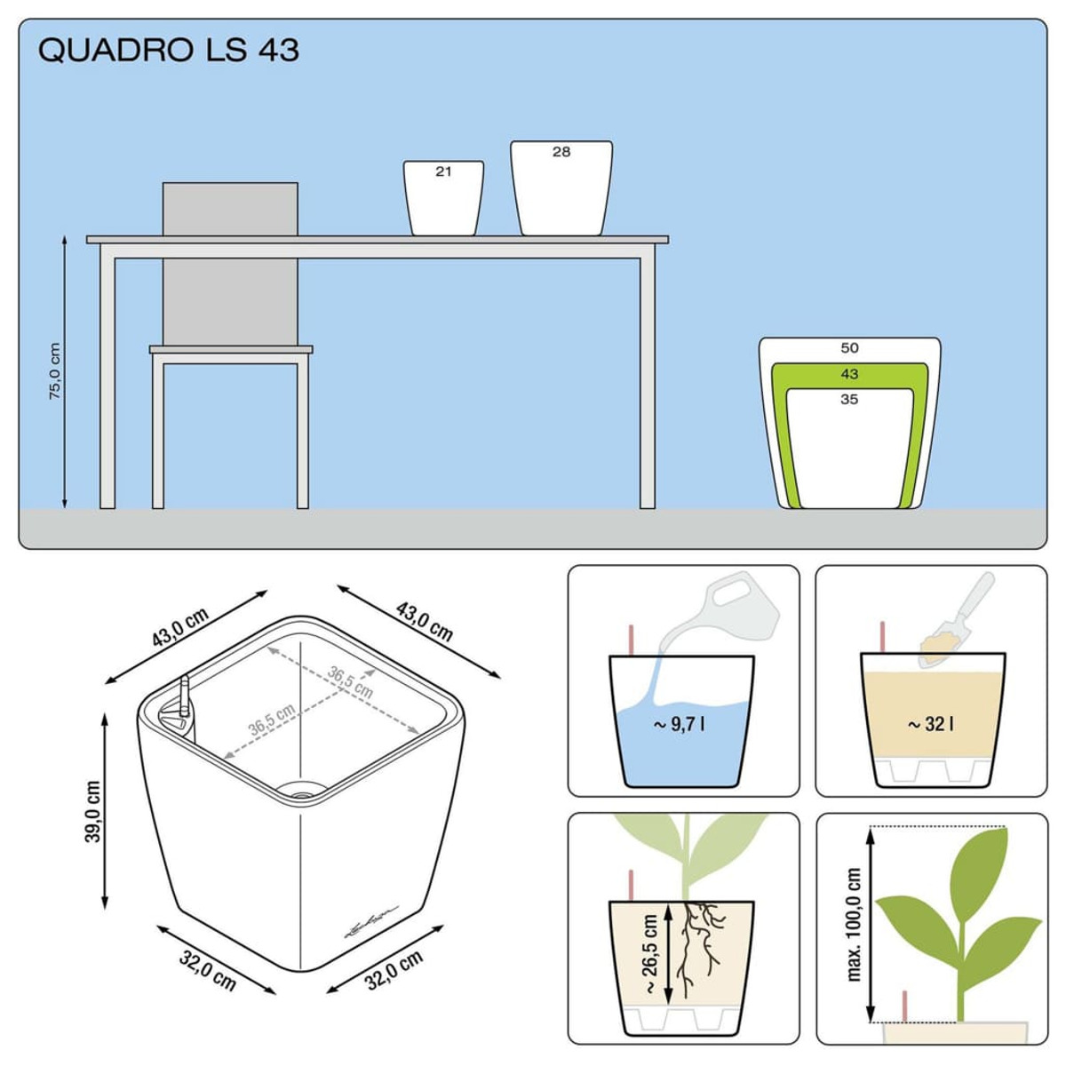 Diagramma con vari vasi, misure e istruzioni per l'irrigazione.