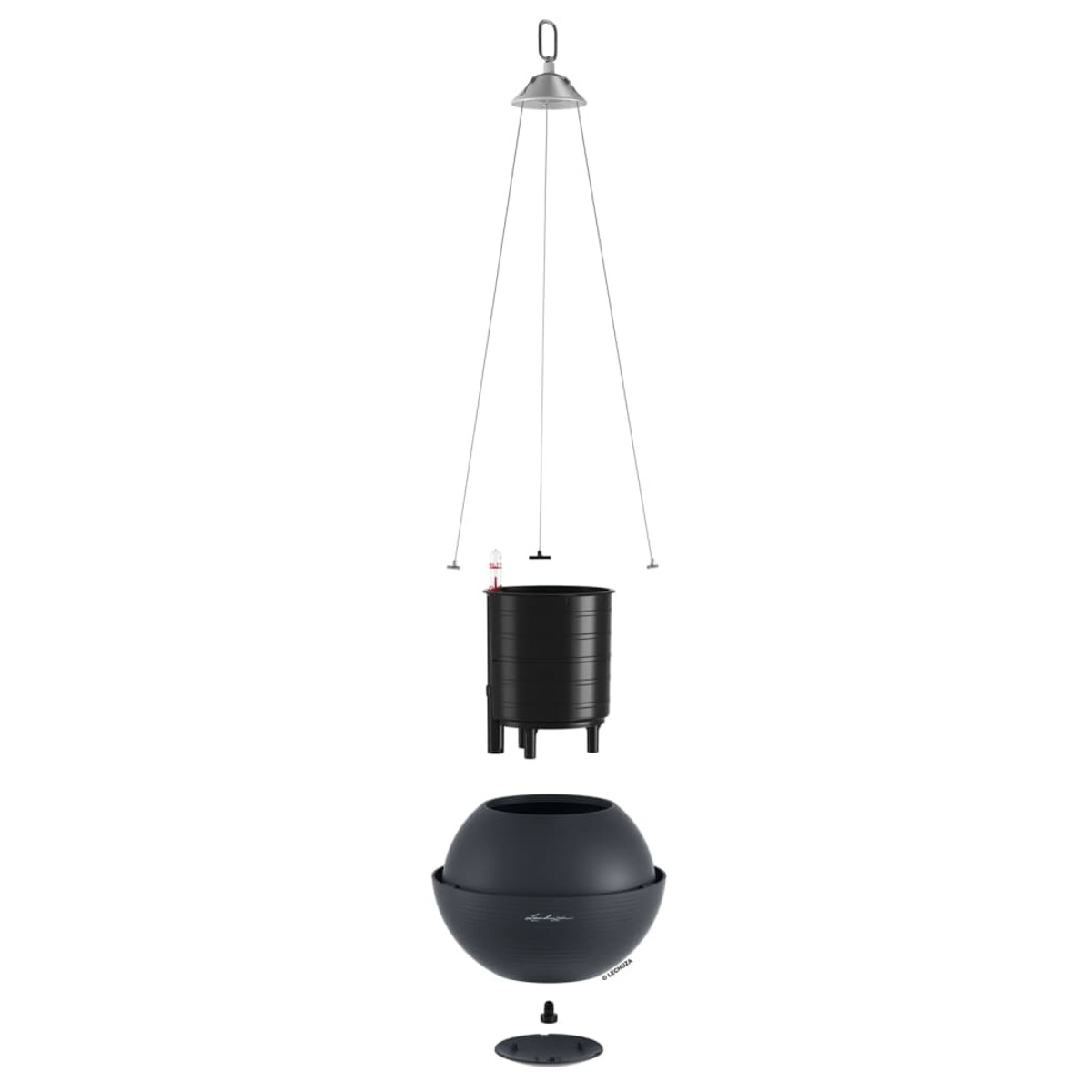 Système de jardinière suspendue, démonté. Comprend le matériel de suspension, le pot intérieur et la sphère extérieure.