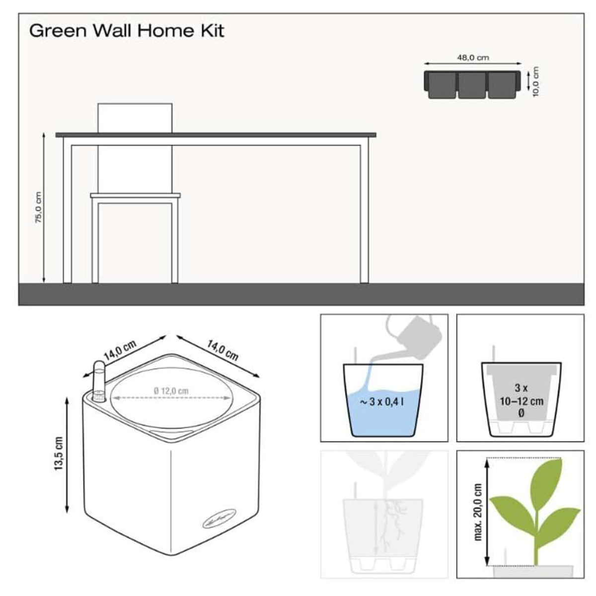 Diagramm mit Abmessungen eines Green-Wall-Home-Kits. Enthält einen Topf und einen Tisch.