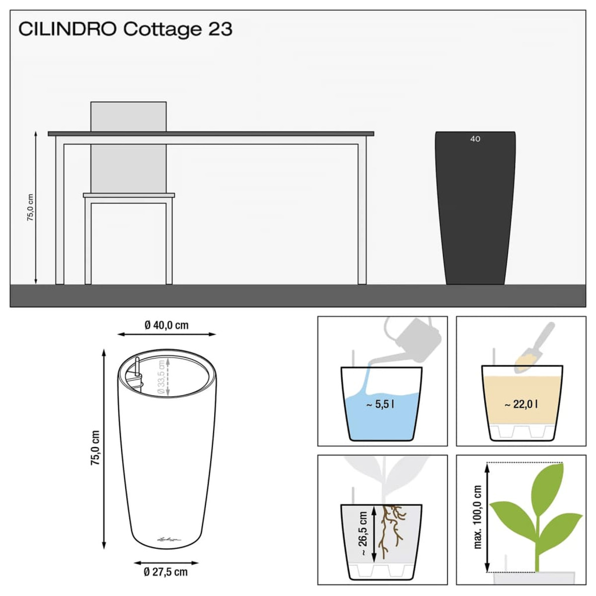 Diagramme d'un grand pot avec dimensions, instructions d'arrosage et détails.