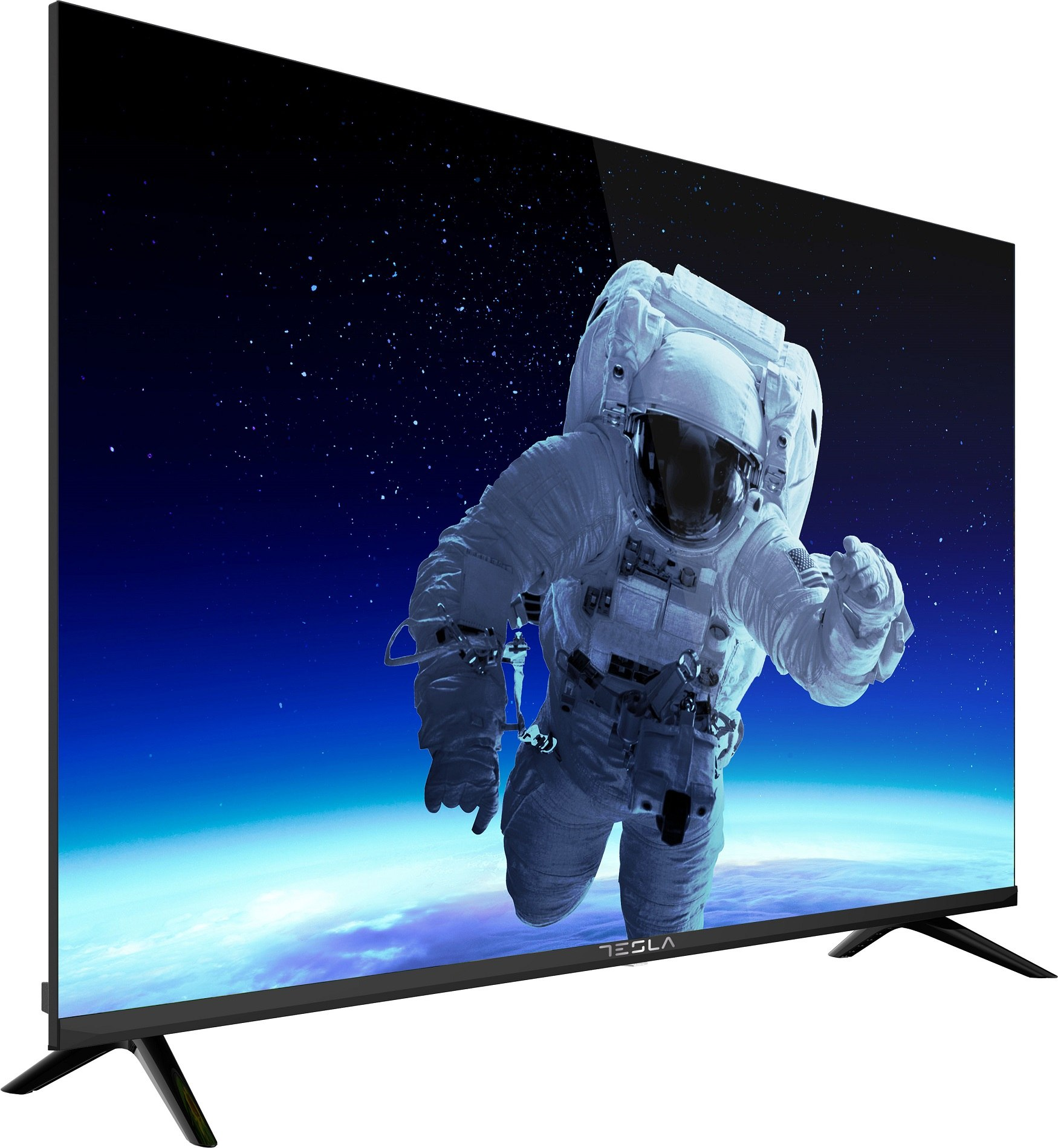 Televisor Tesla mostrando un astronauta en el espacio con la Tierra de fondo.