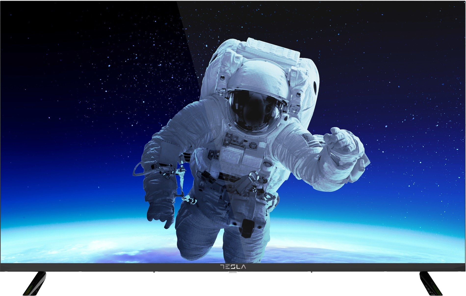 Un televisor Tesla mostrando un astronauta en el espacio. El fondo es azul oscuro.